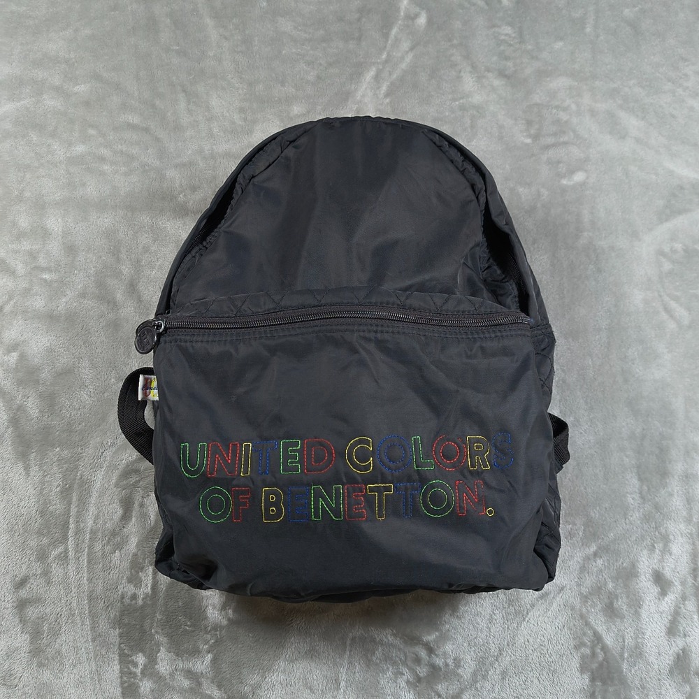 Vintage United Colors Of Benetton Backpack Black Embroidered Quilted 80s 90s Bag